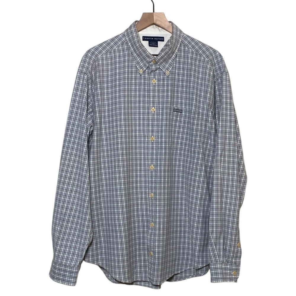 Tommy Hilfiger Blue White and Grey Plaid Button Down, XXL